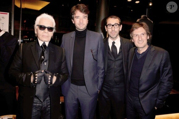 Karl Lagerfeld, Antoine Arnault, Alessandro Sartori et Pietro Beccari à la soirée Berluti rive gauche, au 14 rue de Sèvres. Le 26 novembre 2013