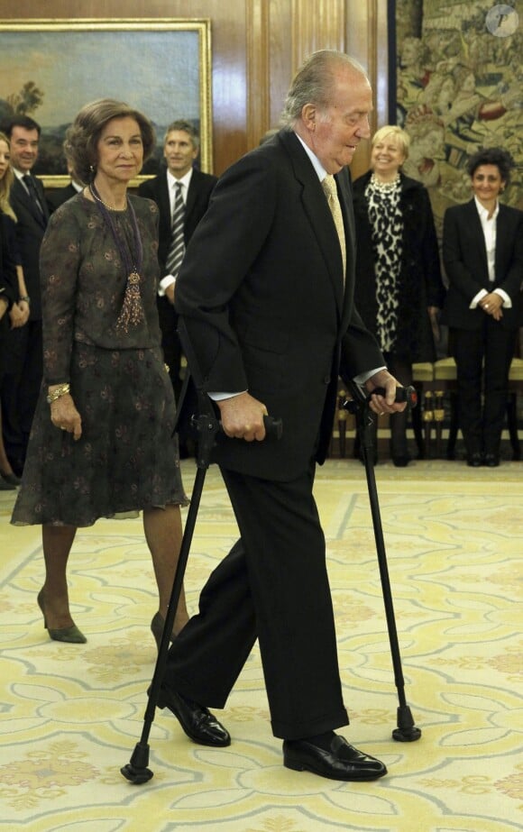 Sous les yeux de la reine Sofia, le roi Juan Carlos Ier d'Espagne effectuait son premier engagement officiel après sa neuvième opération de la hanche le 4 décembre 2013, à la Zarzuela à Madrid, pour la prestation de serment des nouveaux membres du Conseil général du pouvoir judiciaire.