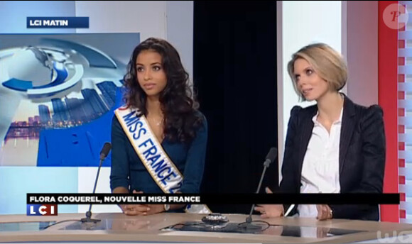 Flora Coquerel, Miss France 2014, aux côtés de Sylvie Tellier accorde une interview à LCI le 9 décembre 2013