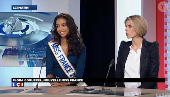 Flora Coquerel, Miss France 2014, aux côtés de Sylvie Tellier accorde une interview à LCI le 9 décembre 2013