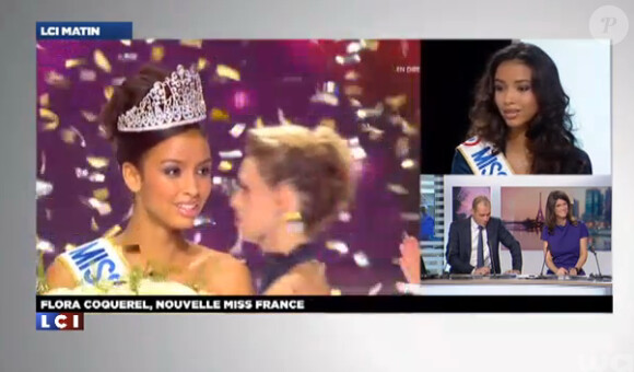 Flora Coquerel, Miss France 2014, aux côtés de Sylvie Tellier accorde une interview à LCI le 9 décembre 2013