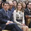 Letizia d'Espagne lors de la cérémonie de remise des médailles d'or du mérite dans les Beaux-Arts 2012, le 10 décembre 2013 au palais du Pardo à Madrid.