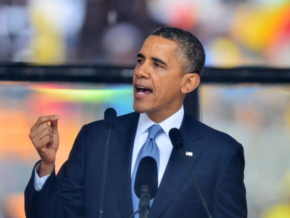 Barack Obama lors de l'hommage à Nelson Mandela au Soccer City Stadium à Soweto, le 10 décembre 2013.