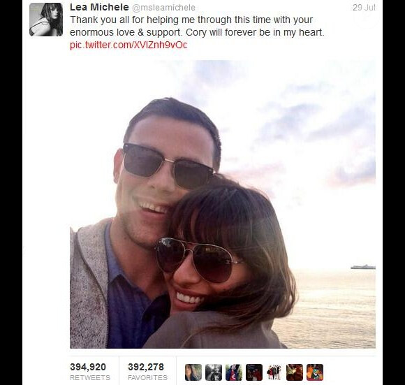 Le tweet de Lea Michele après la mort de son compagnon Cory Monteith a été republié pas moins de 408 000 fois selon Twitter.