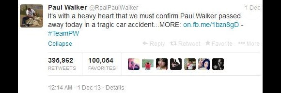 Le message publié par le compte Twitter de Paul Walker annonçant la mort de l'acteur fait partie des tweets les plus retweeté en 2013.