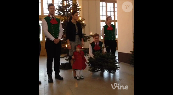 La princesse Estelle de Suède, accompagnée par sa mère la princesse Victoria, assistait à la livraison au palais royal à Stockholm, le 17 décembre 2013, de cinq sapins de Noël Nordmann, dits Kungsgranen ("sapins du roi"), par des étudiants de l'Université suédoise des Sciences agricoles.