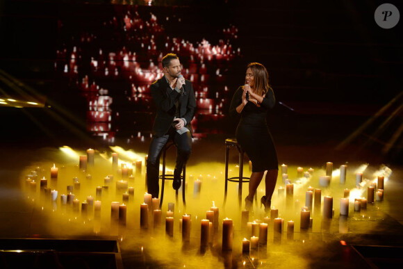Emmanuel Moire et Amel Bent lors de la soirée Samedi soir on chante Piaf, diffusée sur TF1 le vendredi 17 janvier 2014