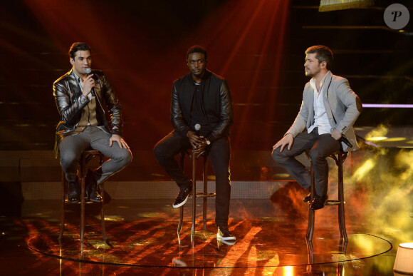 Florent Mothe, Corneille et Grégoire lors de la soirée Samedi soir on chante Piaf, diffusée sur TF1 le vendredi 17 janvier 2014
