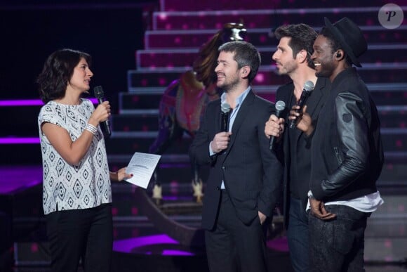 Exclusif - Estelle Denis, Grégoire, Patrick Fiori et Cornelle lors de l'enregistrement de l'émission Samedi soir on chante Piaf, diffusée le 17 janvier 2014 sur TF1 