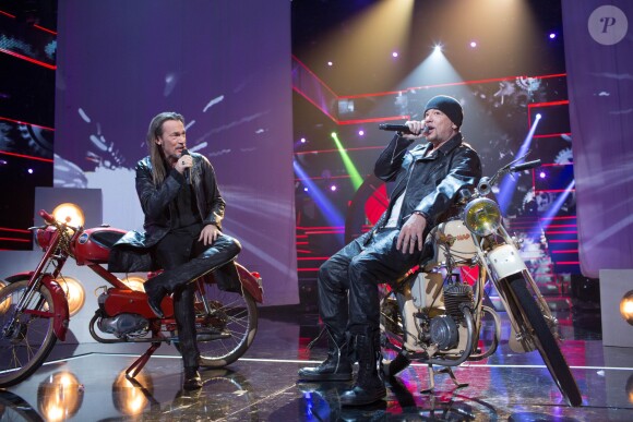 Exclusif - Florent Pagny et Pascal Obispo lors de l'enregistrement de l'émission Samedi soir on chante Piaf, diffusée le 17 janvier 2014 sur TF1 