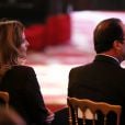 Valerie Trierweiler et Francois Hollande lors de l'allocution du President de la Republique Francaise à l'occasion du lancement des Commémorations du Centenaire de la premiere Guerre Mondiale, au Palais de l'Elysee, le 7 Novembre 2013.