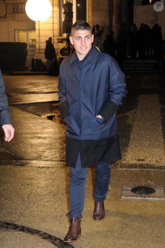 Le footballeur Marco Verratti arrive à l'hôtel Salomon de Rothschild pour assister au défilé Valentino automne-hiver 2014-2015. Paris, le 15 janvier 2014.
