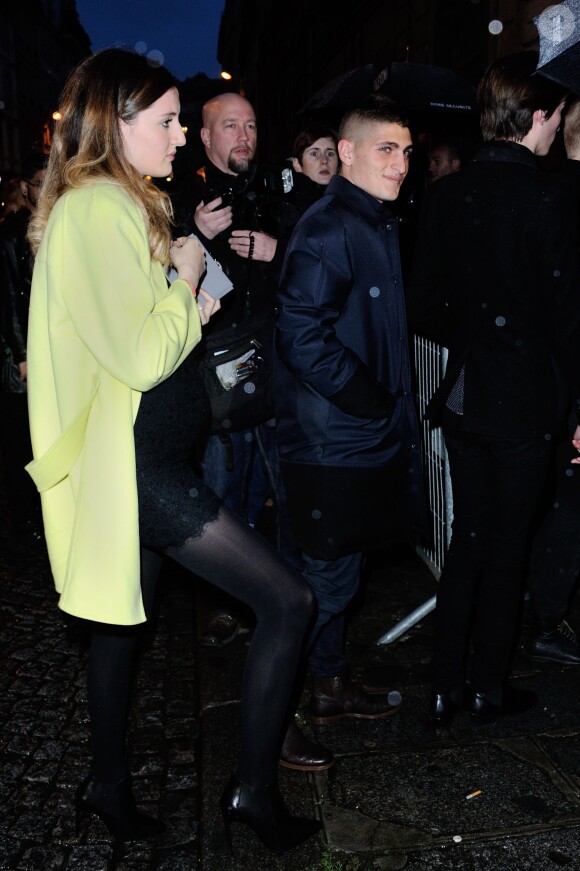 Marco Verratti et sa compagne Laura arrivent à l'hôtel Salomon de Rothschild pour assister au défilé Valentino automne-hiver 2014-2015. Paris, le 15 janvier 2014.