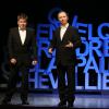 Les humoristes Philippe Chevallier et Regis Laspalès sur le filage de leur pièce "Vous reprendrez bien quelques sketches ?" au théâtre de la Renaissance à Paris le 22 janvier 2014.