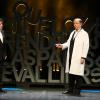 Philippe Chevallier et Regis Laspalès sur le filage de leur pièce "Vous reprendrez bien quelques sketches ?" au théâtre de la Renaissance à Paris le 22 janvier 2014.