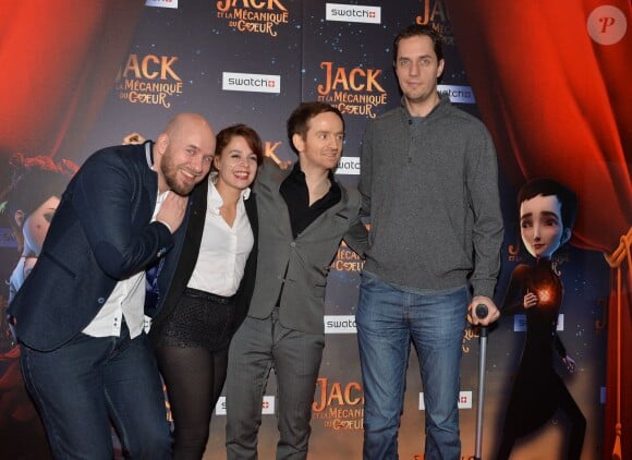 Stéphane Berla, Babet, Mathias Malzieu et Grand Corps Malade lors de la première du film Jack et la mécanique du coeur à Paris le 26 janvier 2014.