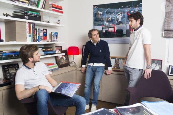 Alain Prost en compagnie de ses fils Nicolas et Sacha, portant les créations de leur marque 8Js, sur les rives du lac Léman à Genève