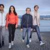 La Famille Prost, Alain, Nicolas, son épouse Delphine et le cadet Sacha sur les rives du lac Léman à Genève, dans les vêtements de leur marque 8Js