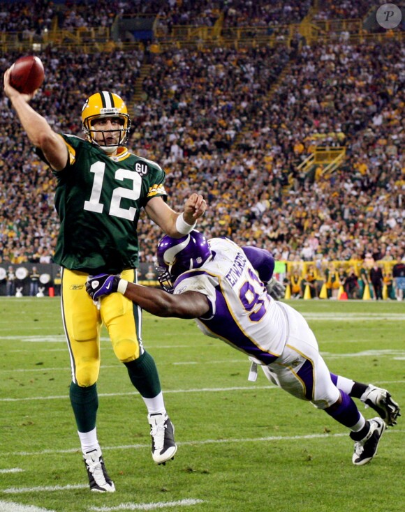 Aaron Rodgers des Green Bay Packers en action en septembre 2008, contre les Minnesota Vikings.