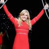 Lindsey Vonn en béquilles lors du défilé "The Red Dress Collection Runway" durant la Fashion Week de New York le 6 février 2014.