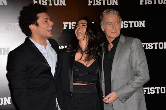 Kev Adams, Franck Dubosc et sa femme Danièle lors de la première du film Fiston au Grand Rex à Paris, le 10 février 2014.