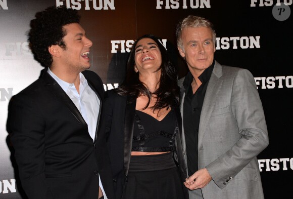 Kev Adams, Franck Dubosc et sa femme Danièle lors de la première du film Fiston au Grand Rex à Paris, le 10 février 2014.