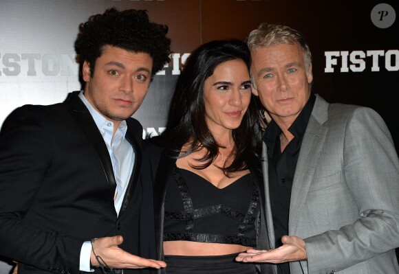 Kev Adams, Franck Dubosc et sa femme Danièle lors de la première du film Fiston au Grand Rex à Paris, le 10 février 2014.