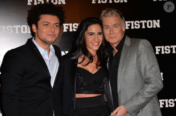 Kev Adams, Franck Dubosc et sa femme Danièle lors de la première du film Fiston au Grand Rex à Paris, le 10 février 2014.