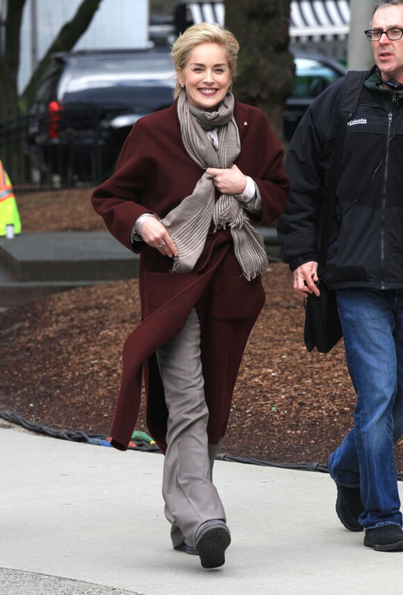 Sharon Stone sur le tournage de la série "Agent X" à Vancouver, le 20 février 2014. Elle joue le rôle de la 1re femme vice-présidente des Etats-Unis.