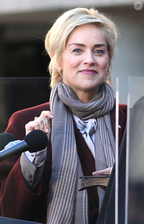 Sharon Stone tout sourire sur le tournage de la série "Agent X" à Vancouver, le 20 février 2014.
