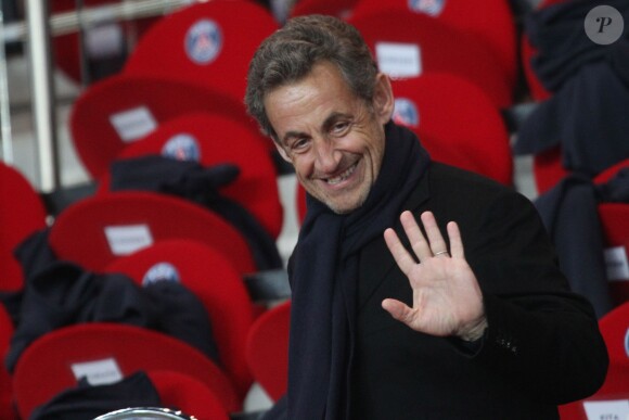 Nicolas Sarkozy lors du match entre le Paris Saint-Germain et l'Olympique de Marseille au Parc des Princes à Paris, le 2 mars 2014