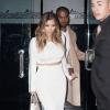 Kim Kardashian et son fiancé Kanye West sortent du restaurant "Mr Chow" a Beverly Hills, le 12 janvier 2014.Kim Kardashian porte une tenue Calvin Klein.