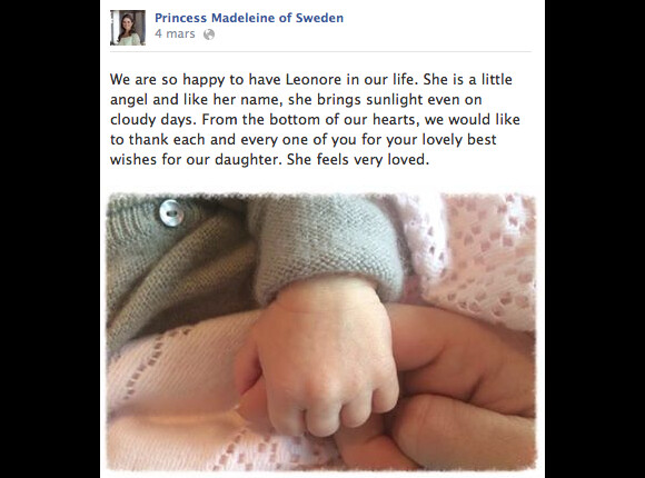 Photo de la princesse Leonore de Suède publiée par sa maman la princesse Madeleine le 4 mars 2014 sur Facebook