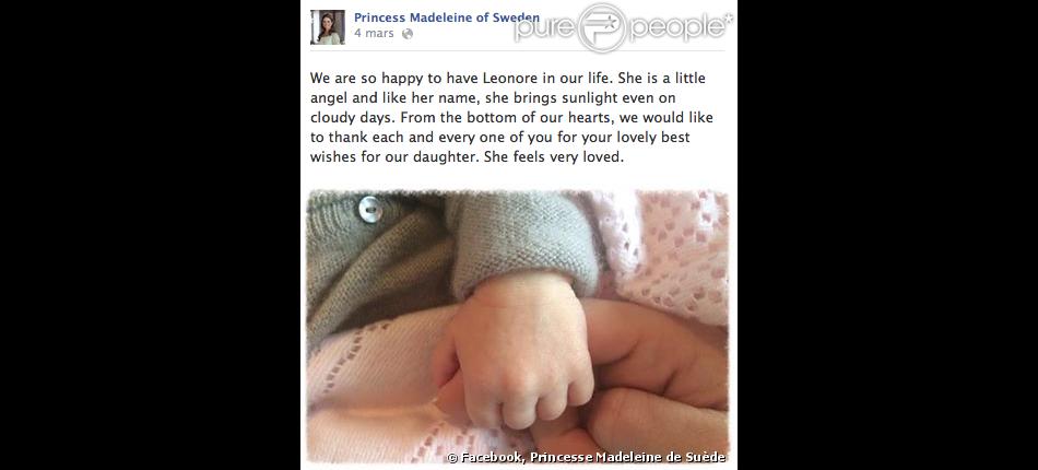 Photo de la princesse Leonore de Suède publiée par sa maman la princesse Madeleine le 4 mars 2014 sur Facebook