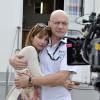 Exclusif - Samuel Le Bihan et Claire Keim participent au tournage du téléfilm 'La Dernière Echappée' réalisé par Fabien Onteniente, le 15 mars 2014 entre Biot et Sophia Antipolis pendant le course cycliste 'le Paris Nice'. Ce téléfilm est un biopic sur Laurent Fignon, joué par Samuel Le Bihan, produit par France 2, qui évoque notamment le dernier Tour de France commenté par le champion cycliste.