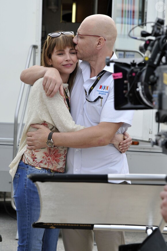 Exclusif - Samuel Le Bihan et Claire Keim participent au tournage du téléfilm 'La Dernière Echappée' réalisé par Fabien Onteniente, le 15 mars 2014 entre Biot et Sophia Antipolis pendant le course cycliste 'le Paris Nice'. Ce téléfilm est un biopic sur Laurent Fignon, joué par Samuel Le Bihan, produit par France 2, qui évoque notamment le dernier Tour de France commenté par le champion cycliste.