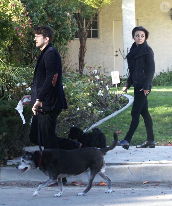 Ashton Kutcher et sa petite-amie Mila Kunis promenant leurs chiens de bon matin à Los Angeles, le 13 janvier 2014