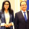 François Hollande et Yamina Benguigui visitent le siège de l'Organisation Internationale de la Francophonie à Paris, en compagnie de son secrétaire général Abdou Diouf, dans le cadre de Journée Internationale de la Francophonie, le 20 mars 2014.