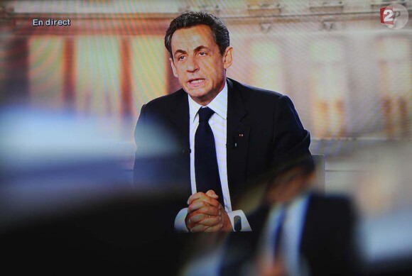 Nicolas Sarkozy lors du débat de l'entre-deux tours, orchestré par Laurence Ferrari et David Pujadas, qui s'est déroulé au Studio 107, à La Plaine Saint-Denis, le 2 mai 2012.