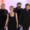 Johnny Hallyday, Eddy Mitchell, Sandrine Bonnaire et Claude Lelouch lors de l'émission "Vivement Dimanche" du 16 mars 2014