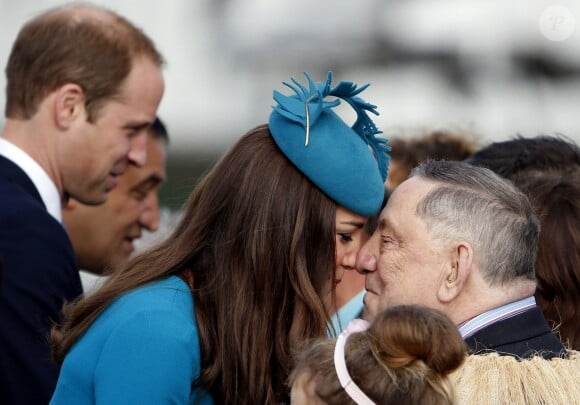 The Duchess of Cambridge receives a traditional Maori welcome called a "hongi" from an official after she arrived with her husband, the Duke of Cambridge after arriving in Dunedin as they continue their tour of New Zealand. Sunday April 13, 2014. Photo by Phil Noble/PA Wire/ABACAPRESS.COM13/04/2014 - Dunedin