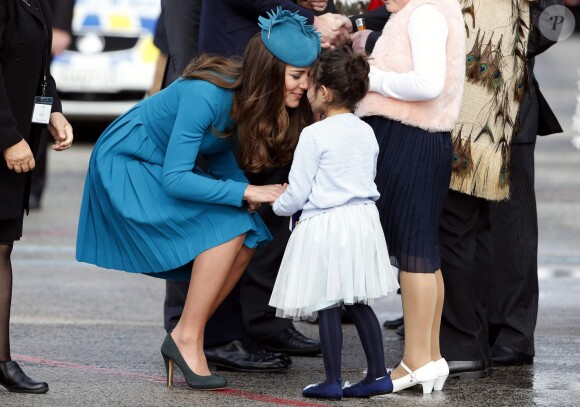 Catherine, the Duchess of Cambridge, receives a traditional Maori welcome called a "hongi" from five-year-old Mataawhio Matahaere Vieint after she arrived with her husband, Britain's Prince William, in Dunedin, New Zealand, April 13, 2014. The Prince and his wife are undertaking a 19-day official visit to New Zealand and Australia with their son George. Photo by Phil Noble/WPA Rota/ABACAPRESS.COM13/04/2014 - Dunedin