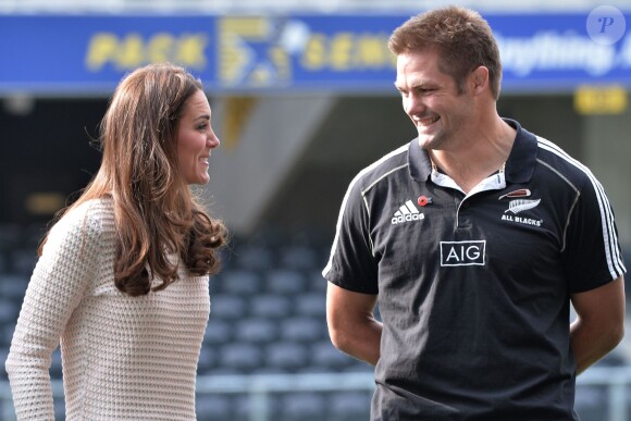 The Duchess of Cambridge speaks to Richie McCaw as they watch a Rippa Rugby tournament at the Forsyth Barr stadium in Dunedin during the seventh day of their official tour to New Zealand. ... Royal visit to Australia and NZ - Day 7 ... 14-04-2014 ... Dunedin ... New Zealand ... Photo credit should read: Anthony Devlin/PA Wire. Unique Reference No. ... Picture date: Sunday April 13, 2014. Photo credit should read: Anthony Devlin/PA Pool13/04/2014 - Dunedin