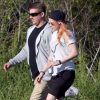 Exclusif - Kristen Stewart, les cheveux oranges, célèbre son 24e anniversaire avec son chauffeur, son assistant et 2 chiens dans un parc à la Nouvelle-Orléans, le 9 avril 2014.