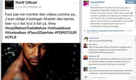 Capture d'écran de l'Instagram de Booba, lequel répond au clash de Rohff contre son clip intitulé Une vie, le 21 avril 2014.