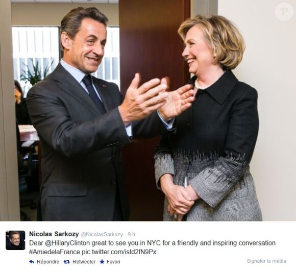 Nicolas Sarkozy a partagé une photo de sa rencontre avec Hillary Clinton, le 24 avril 2014.