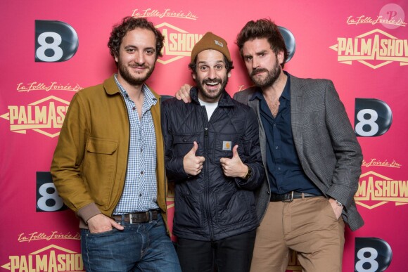 David (Palmashow), Gunther Lov et Grégoire (Palmashow) à la soirée Palmashow organisée par D8, le mardi 29 avril 2014.