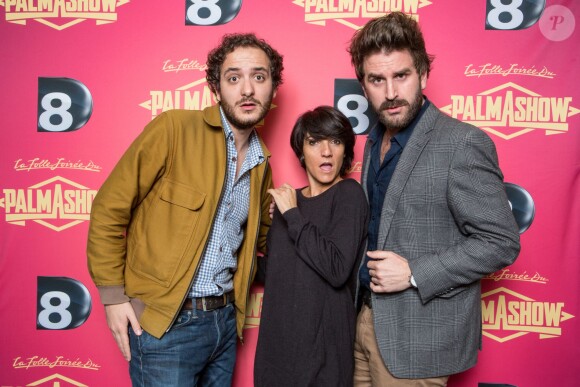 David (Palmashow), Florence Foresti et Grégoire (Palmashow) à la soirée Palmashow organisée par D8, le mardi 29 avril 2014.