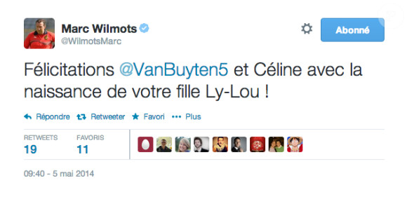 Marc Wilmots annonce sur Twitter que Daniel Van Buyten est papa pour la troisième fois le 5 mai 2014.