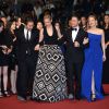 Jessica Chastain, Jess Weixler - bijoux Van Cleef & Arpels -, James McAvoy, Ned Benson à la montée des marches de The Disappearance of Eleanor Rigby, à l'occasion du 67e Festival de Cannes, le 17 mai 2014.